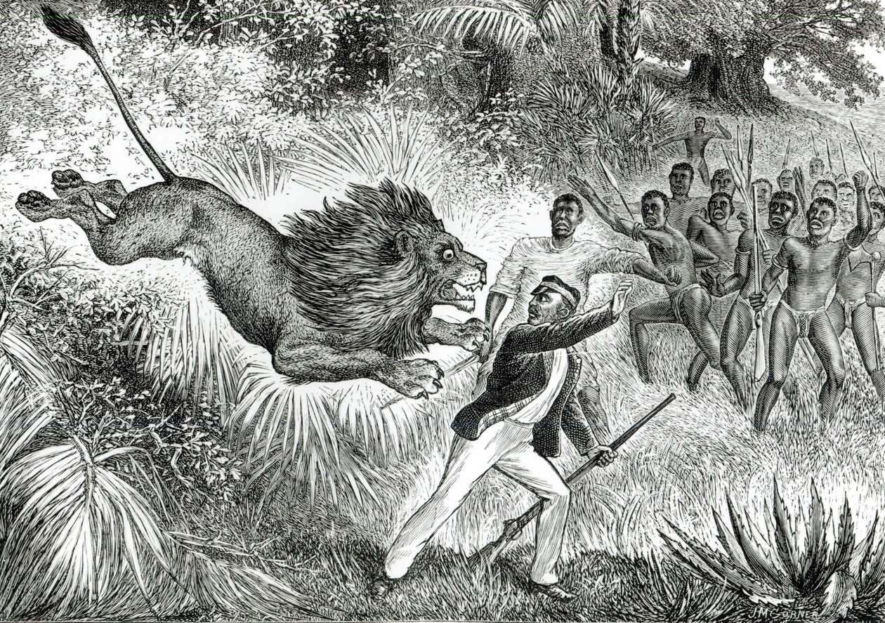 ライオンに襲われたリヴィングストン（bw写真）